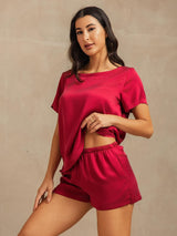 [Vin] SilkSilky-DK 19Momme Kort ærme Rund Hals Dame Pyjamas 007