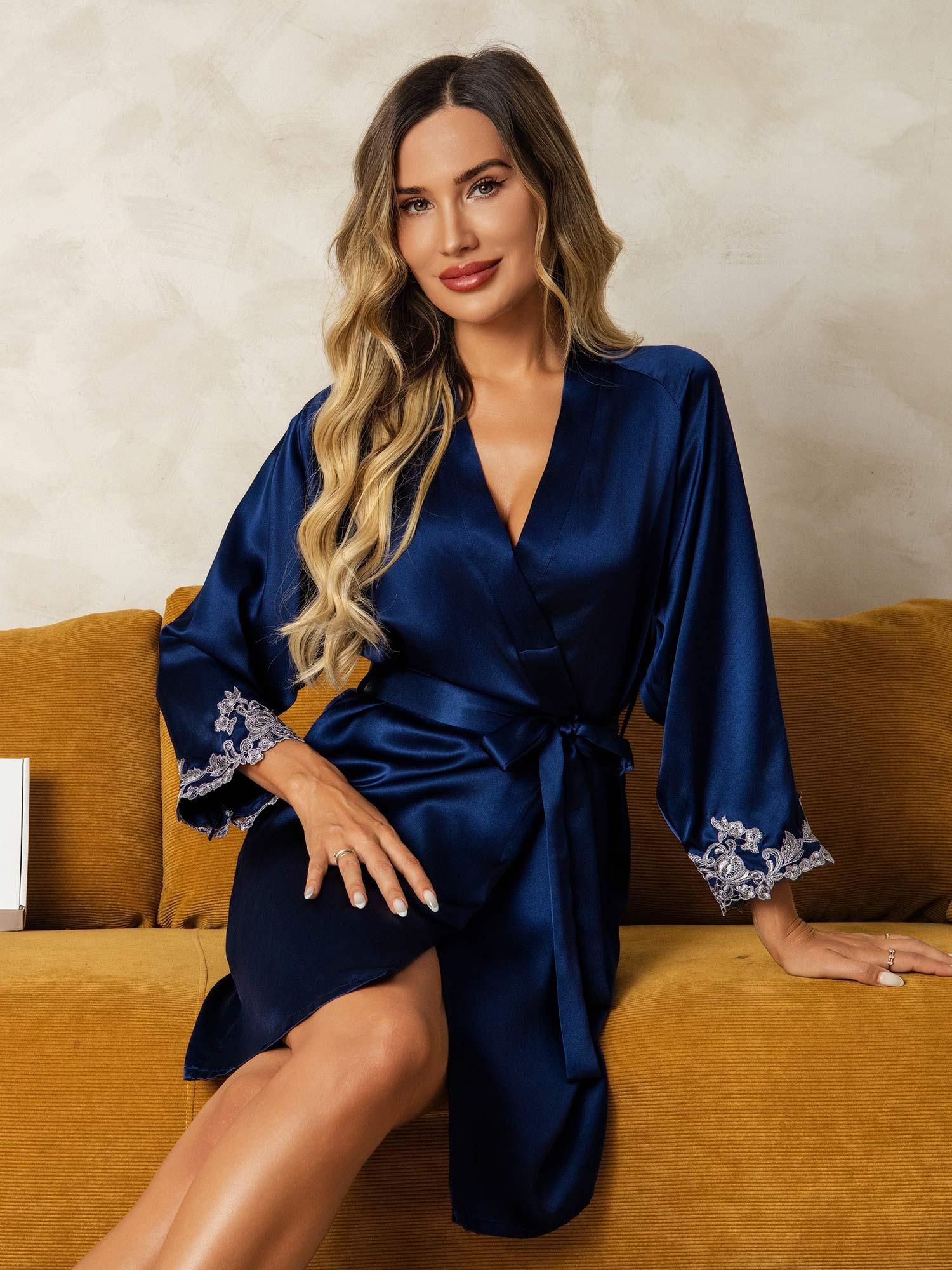 [Mørkeblå] SilkSilky-DK Silke Wrap Dame Morgenkåbe 004
