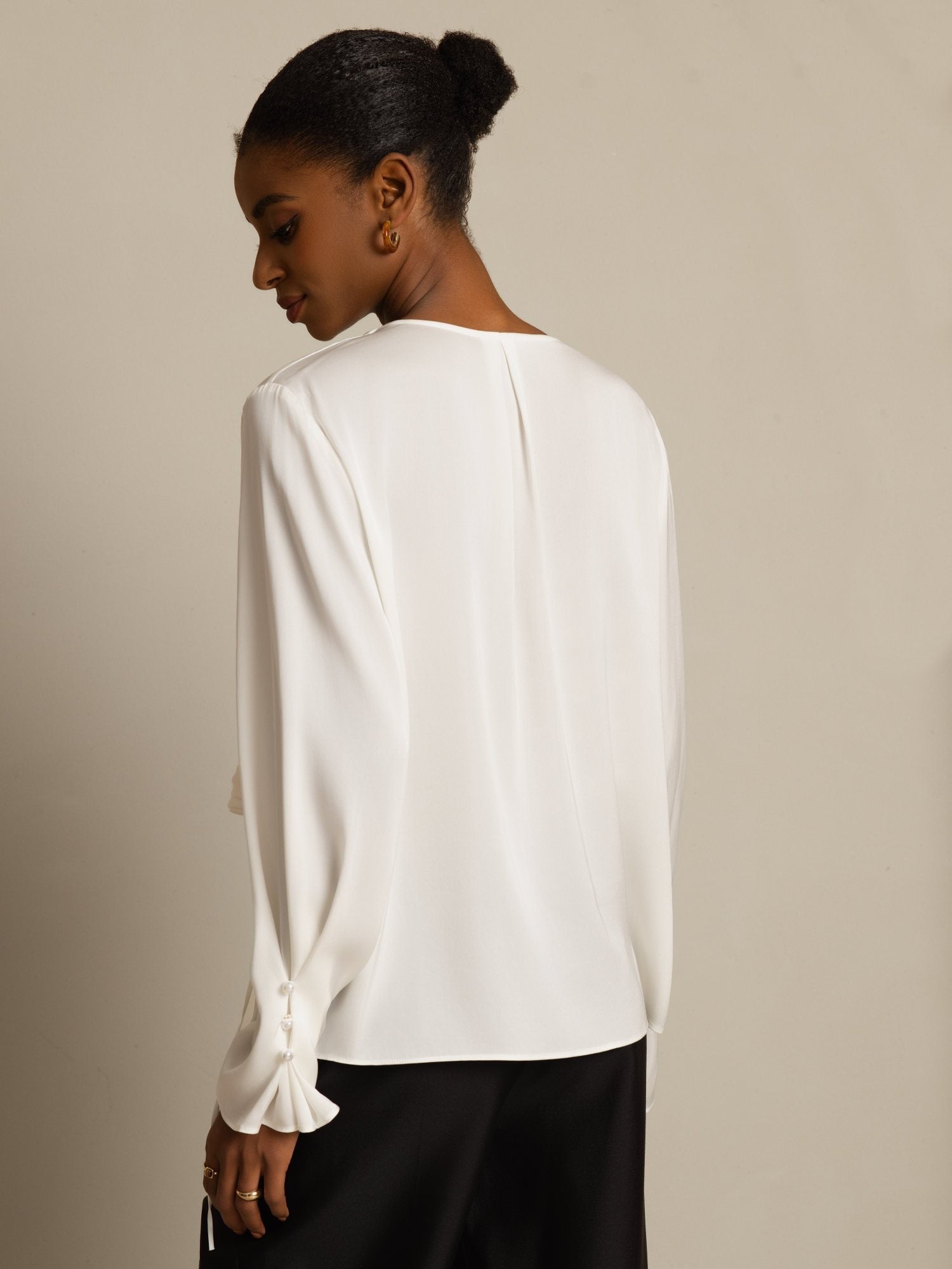 [Hvid] SilkSilky-DK Long Sleeve V Neck Damebluser 002