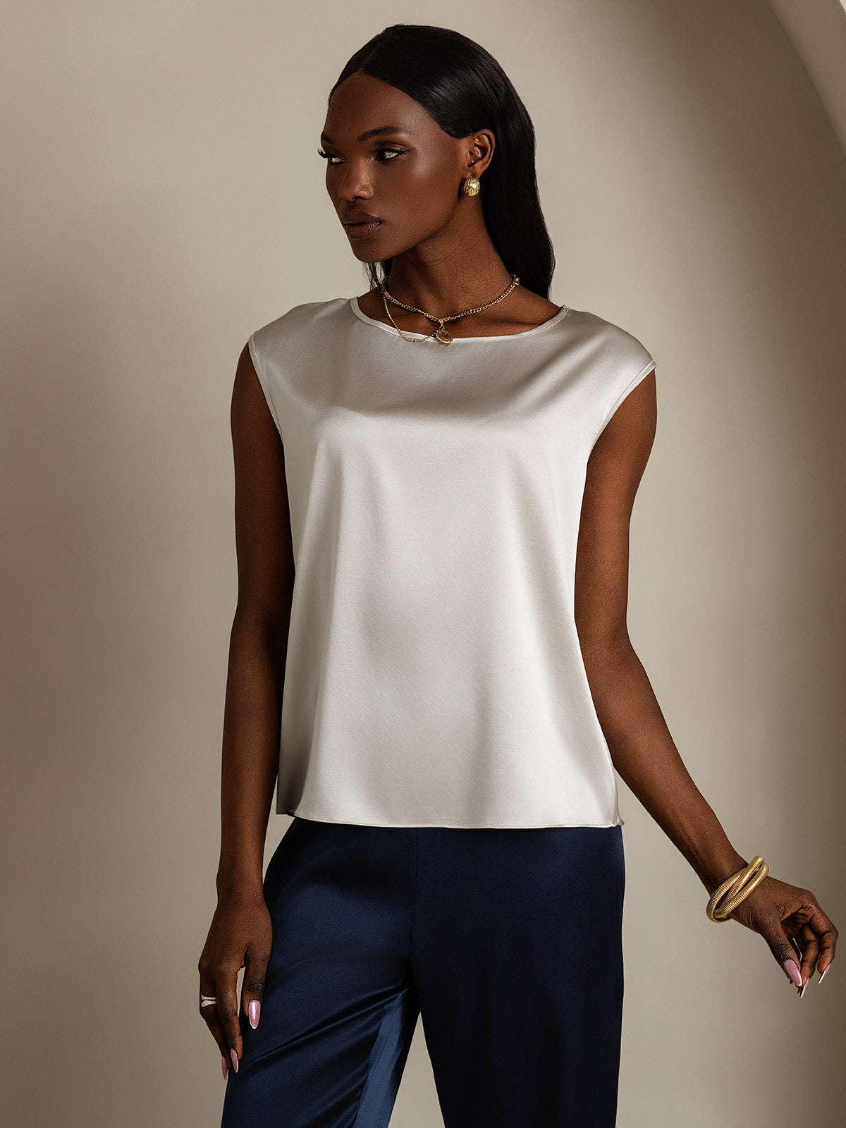 [Lysegrå] SilkSilky-DK 19Momme Silke Womens T-Shirt 004