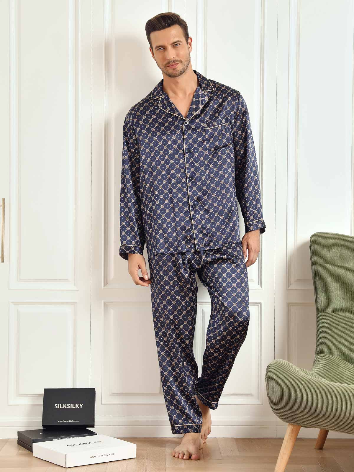 [Marine Kæde] SilkSilky-DK 19Momme Mens Pajamas 002