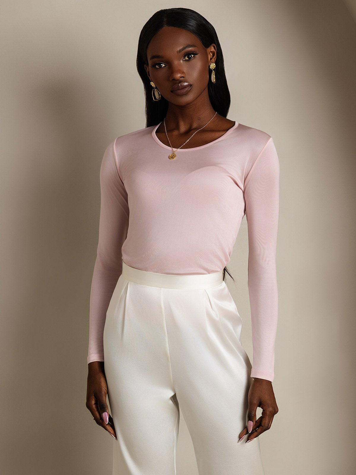 [Koralrosa] SilkSilky-DK Langærmet Rund Hals T-shirt til kvinder 003