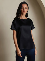 [Sort] SilkSilky-DK 19Momme Kort ærme Bådudskæring T-shirt til kvinder 001
