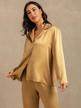 [Tan] SilkSilky-DK 19Momme Langærmet Notchkrage Dame Pyjamas 008