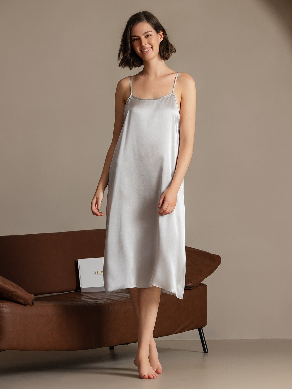 [Lysegrå] SilkSilky-DK 19Momme Silke Sleeveless Dress 004