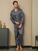 [Marine Ginkgo] SilkSilky-DK Long Sleeve Lapel Collar Pyjamas til Mænd 005