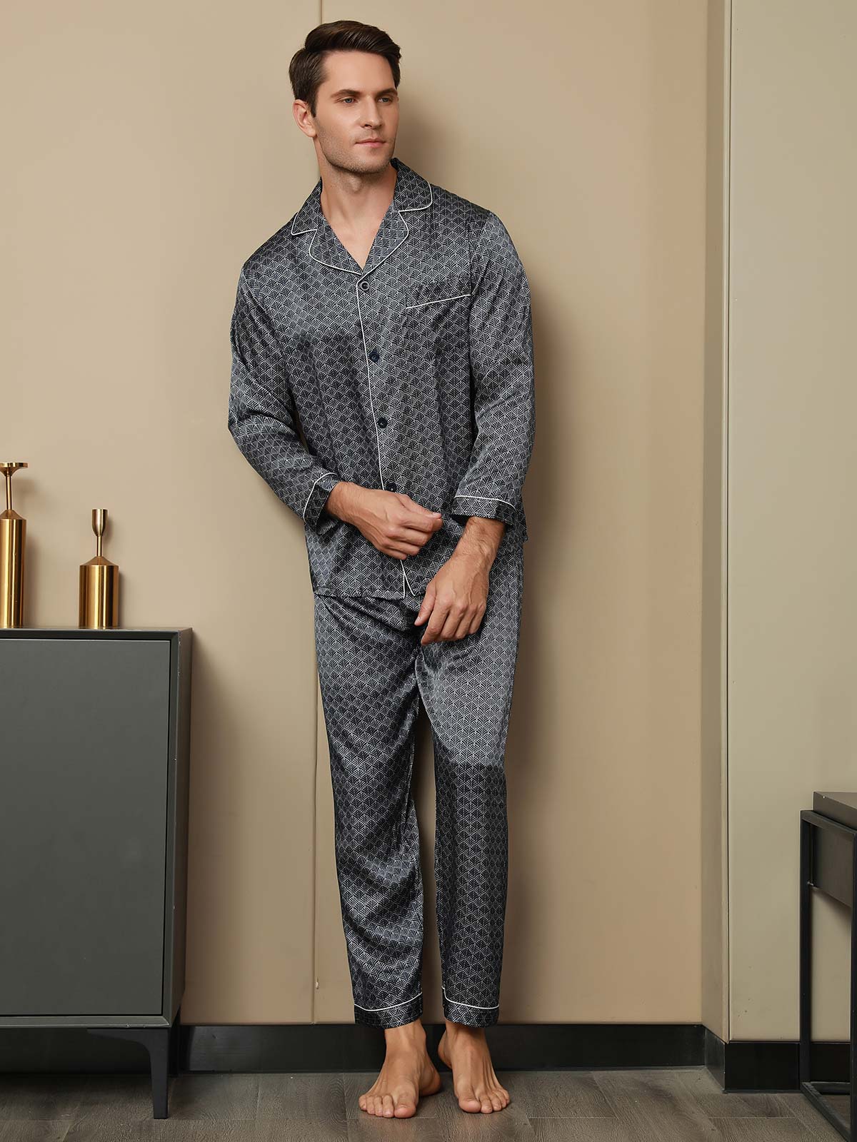 [Marine Ginkgo] SilkSilky-DK 19Momme Mens Pajamas 004
