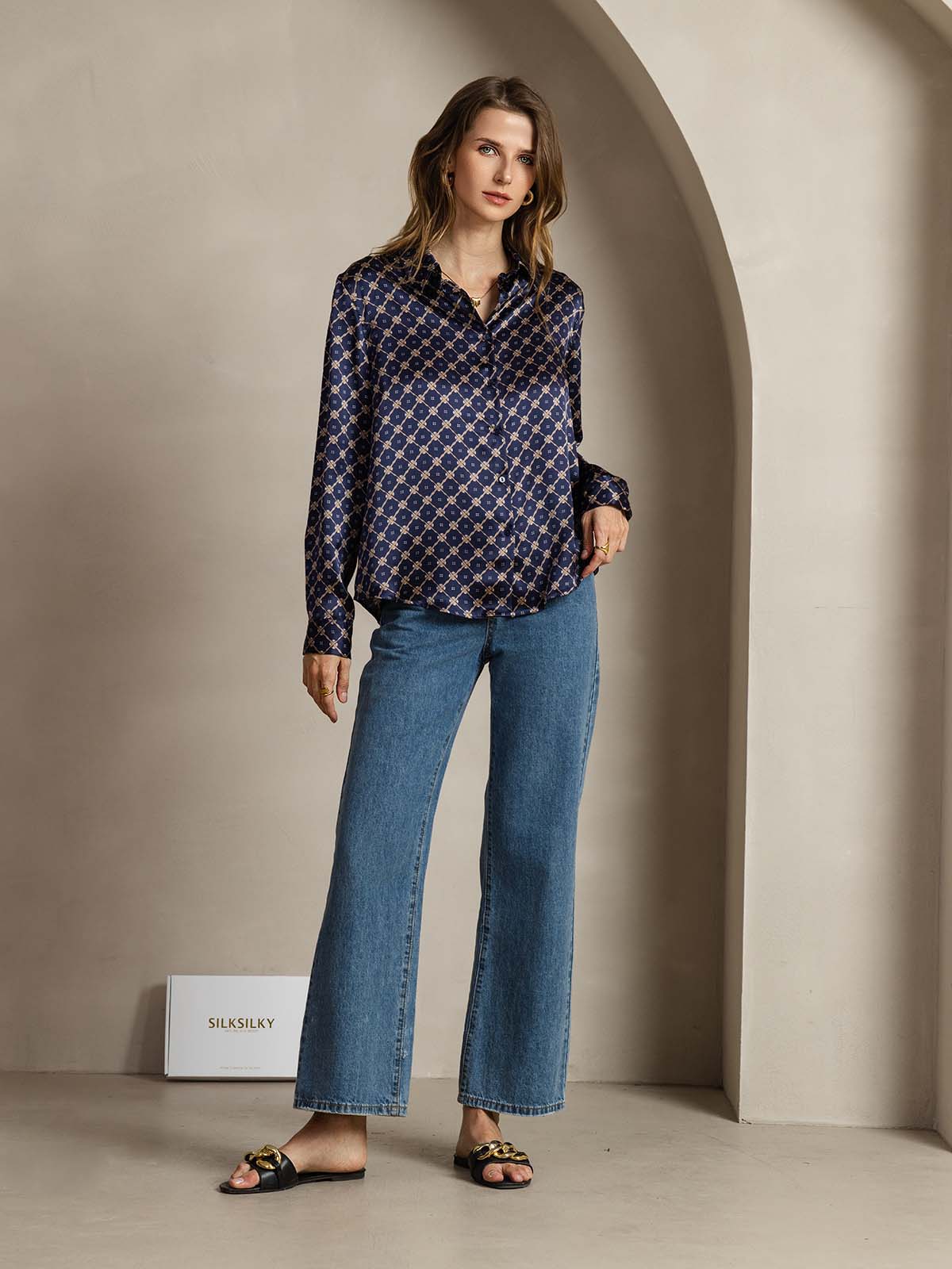 [Marine Kæde] SilkSilky-DK Silke Lapel Collar Dameskjorte 003