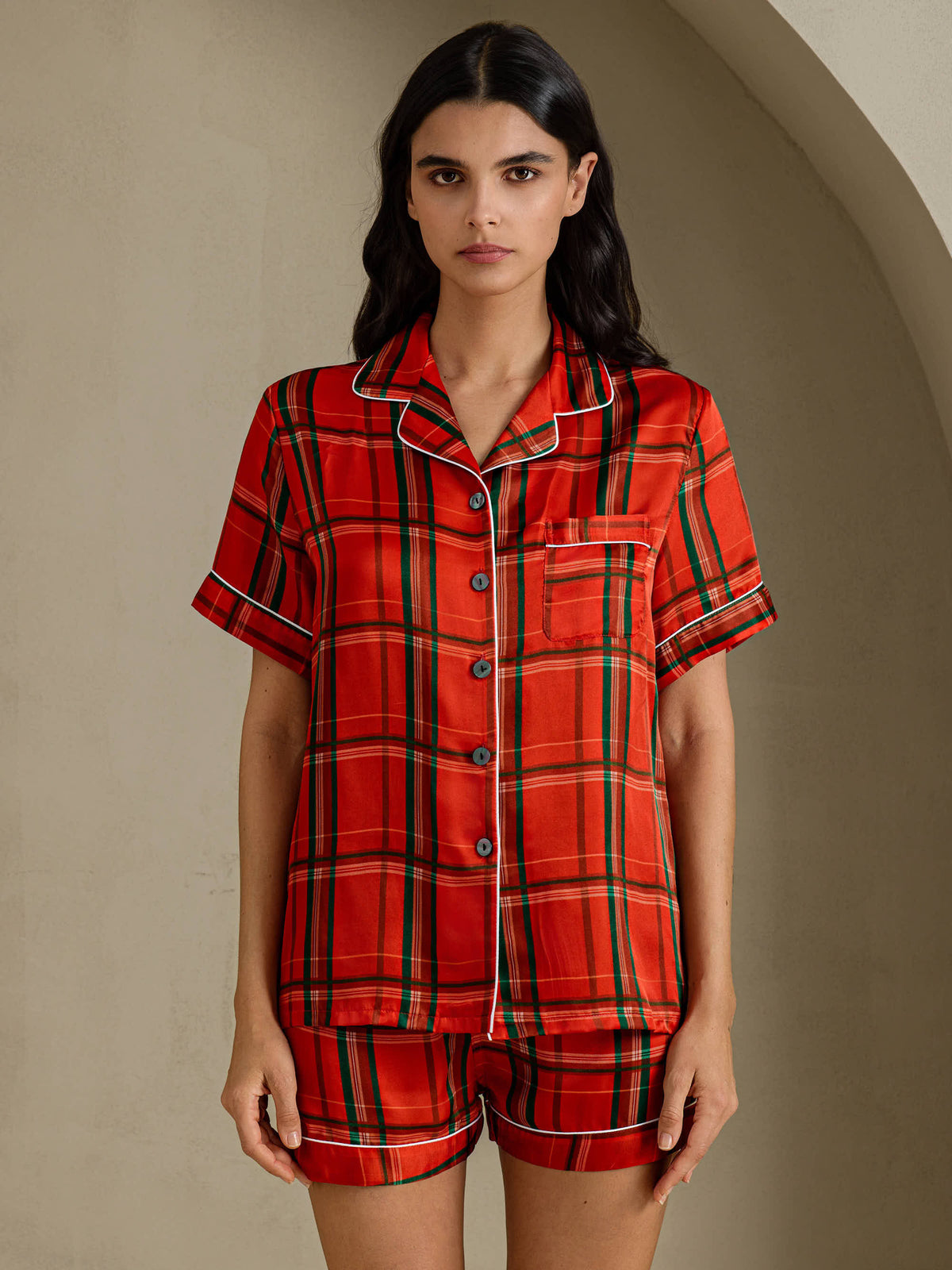 [Rødt Tern] SilkSilky-DK Short Sleeve Notch Collar Dame Pyjamas 001