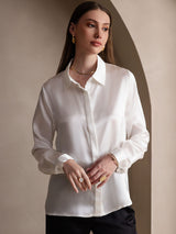 [Hvid] SilkSilky-DK Long Sleeve Lapel Collar Dameskjorte 003