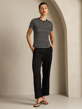 [Sort Stribe] SilkSilky-DK Short Sleeve Crew Neck T-shirt til kvinder 006