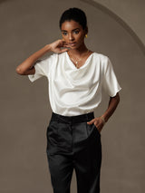 [Hvid] SilkSilky-DK Short Sleeve Cowl Neck Damebluser 005