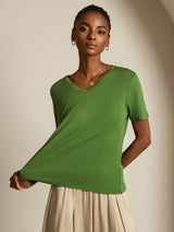 [Grøn] SilkSilky-DK Short Sleeve V Neck T-shirt til kvinder 006