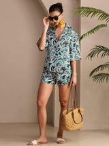 [Teal Botanisk] SilkSilky-DK Short Sleeve Notch Collar Dame Pyjamas 006