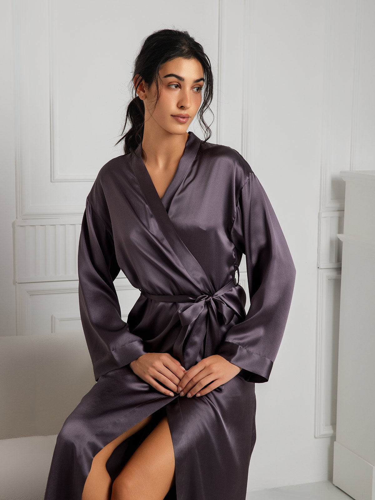 [Lilla Grå] SilkSilky-DK Wrap Dame Morgenkåbe 006