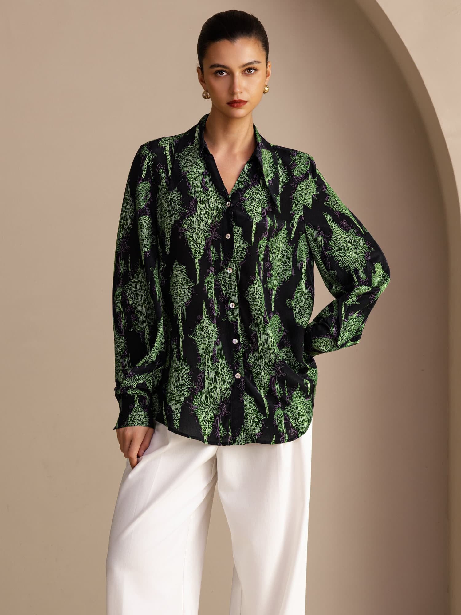 [Sort Mos] SilkSilky-DK Long Sleeve Lapel Collar Bluse 001