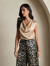 [Champagne] SilkSilky-DK Cap Sleeve Cowl Neck T-shirt til kvinder 006
