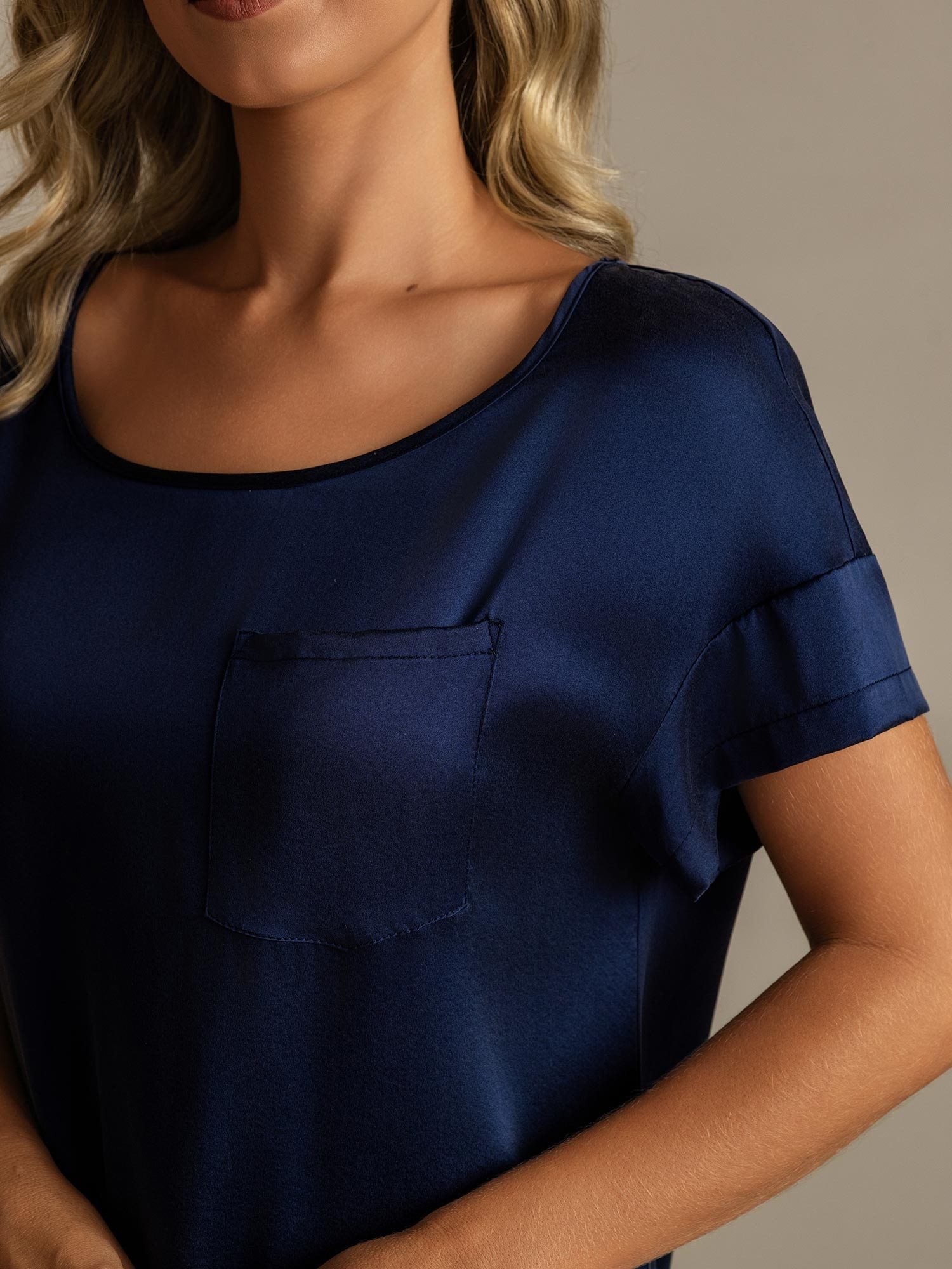 [Mørkeblå] SilkSilky-DK 19Momme Silke Nightgown 004