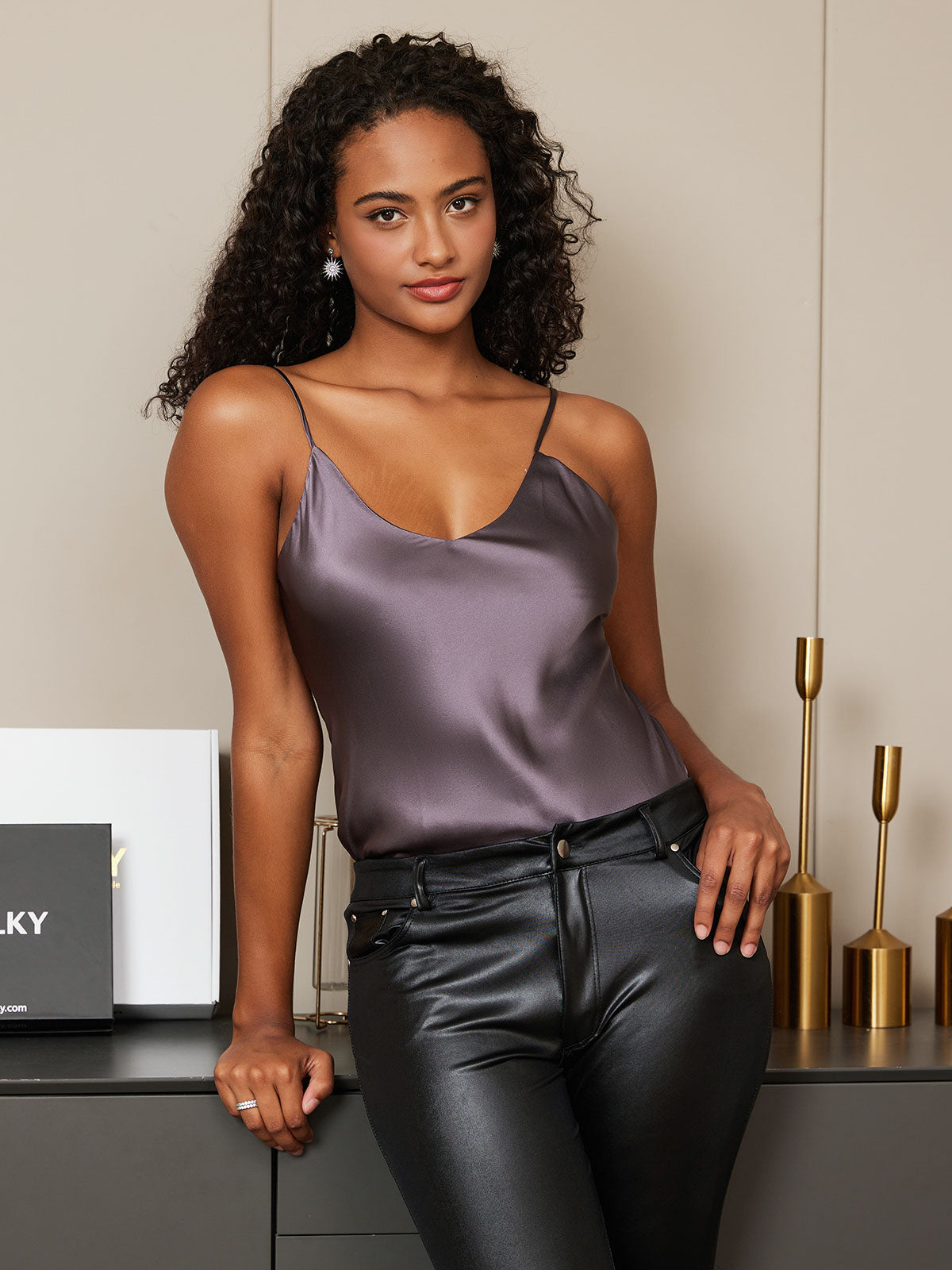 [Lilla Grå] SilkSilky-DK Spaghetti Rem V Hals Camisole Top 004