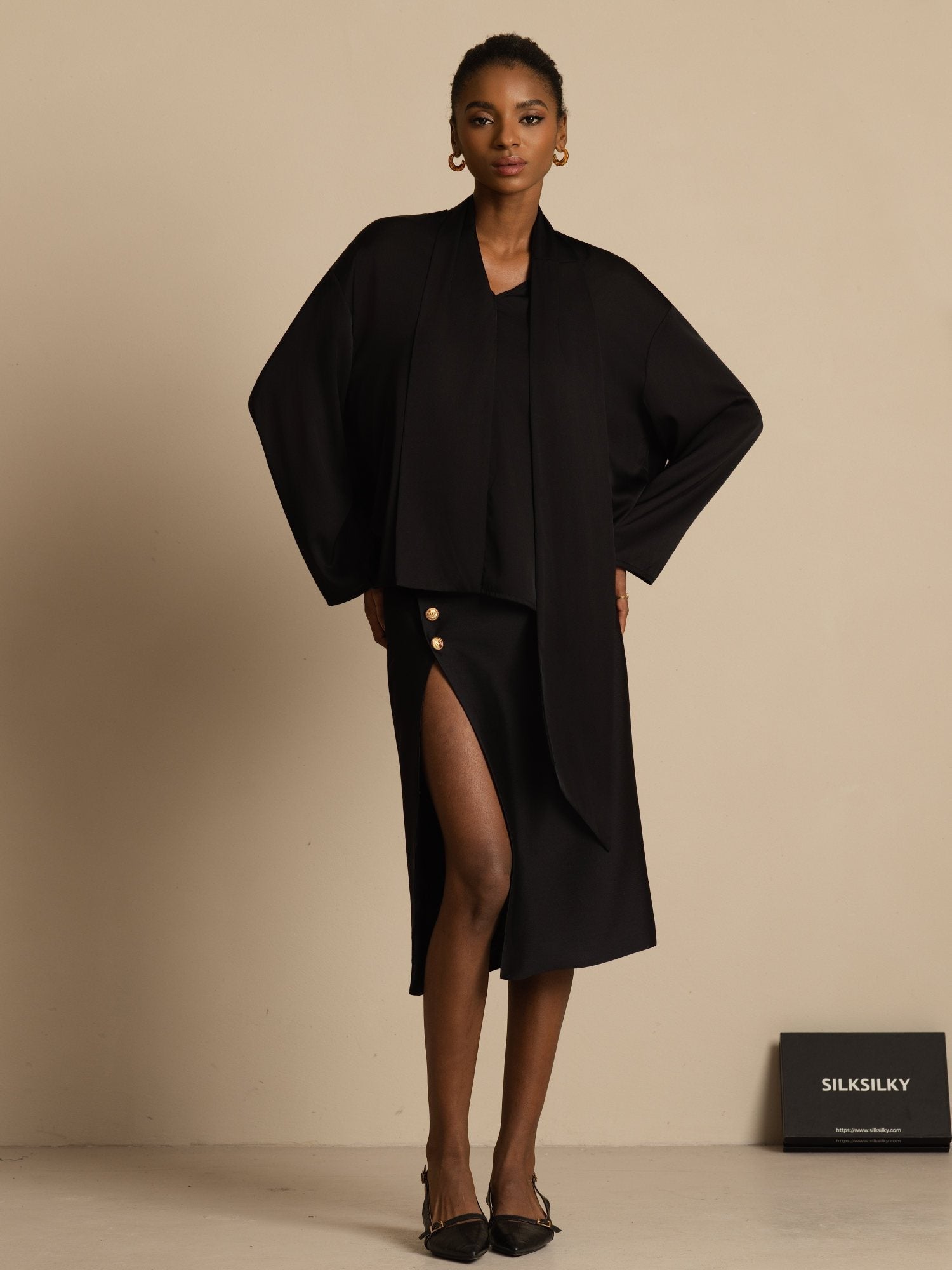 [Sort] SilkSilky-DK 19Momme Silke Langærmet V Hals Bluse 007