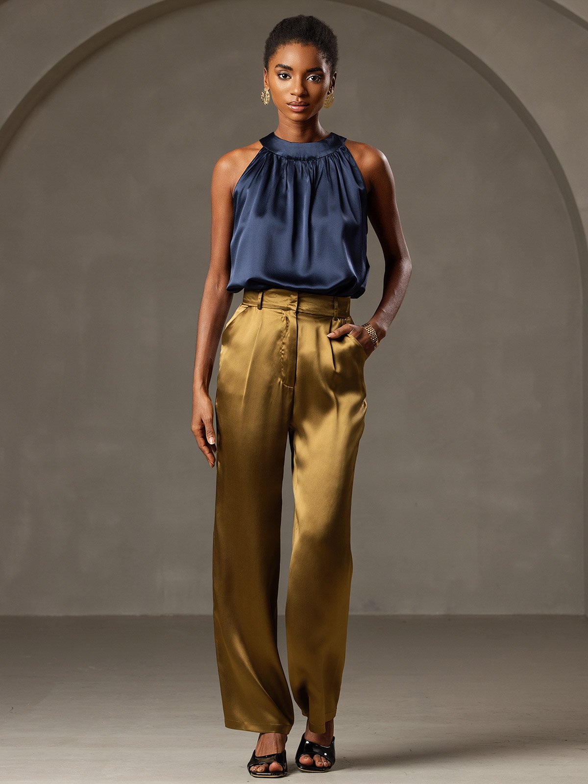 [Mørkeblå] SilkSilky-DK 19Momme Silke Womens T-Shirt 007