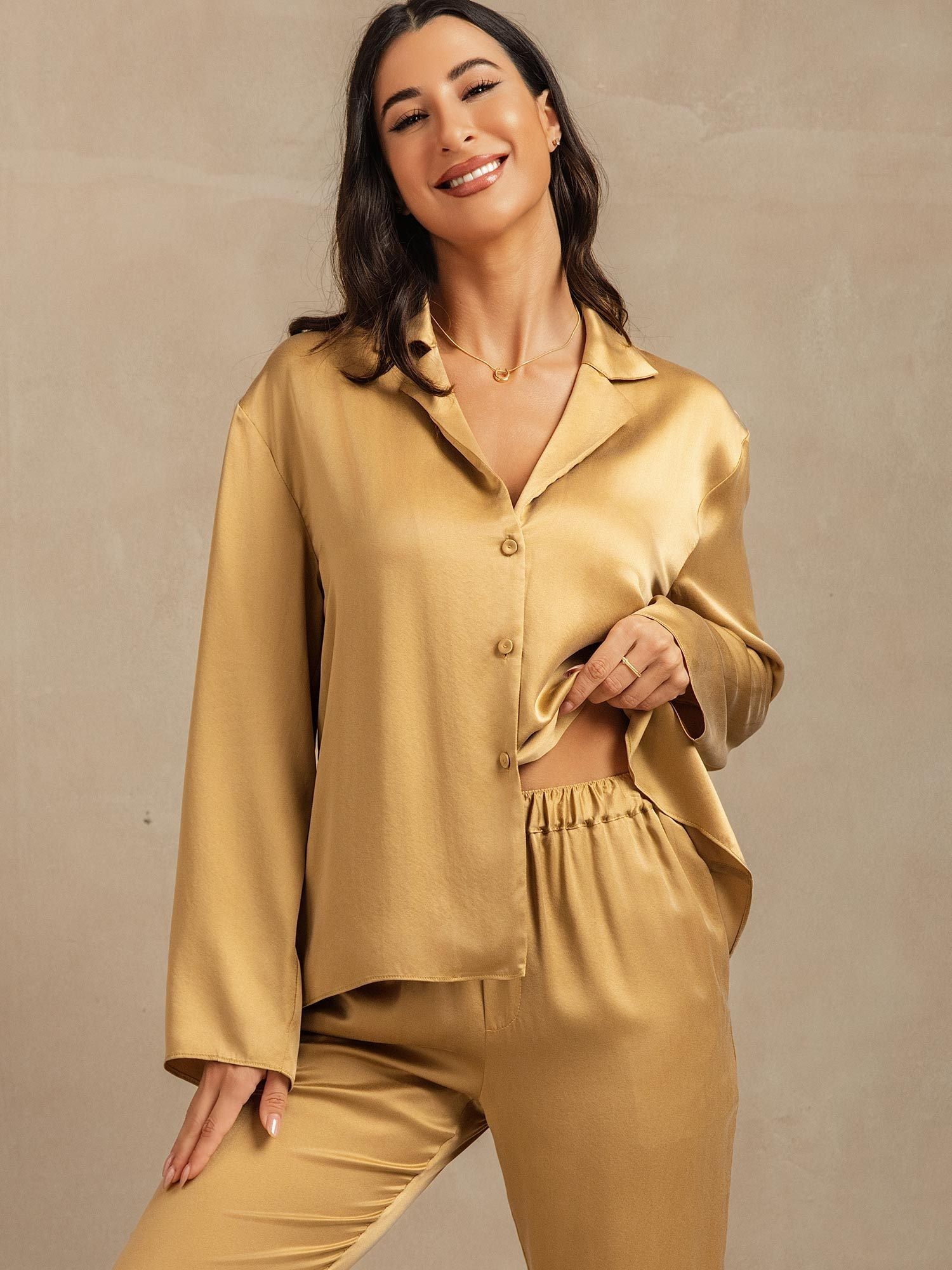 [Tan] SilkSilky-DK 19Momme Silke Womens Pajamas 007