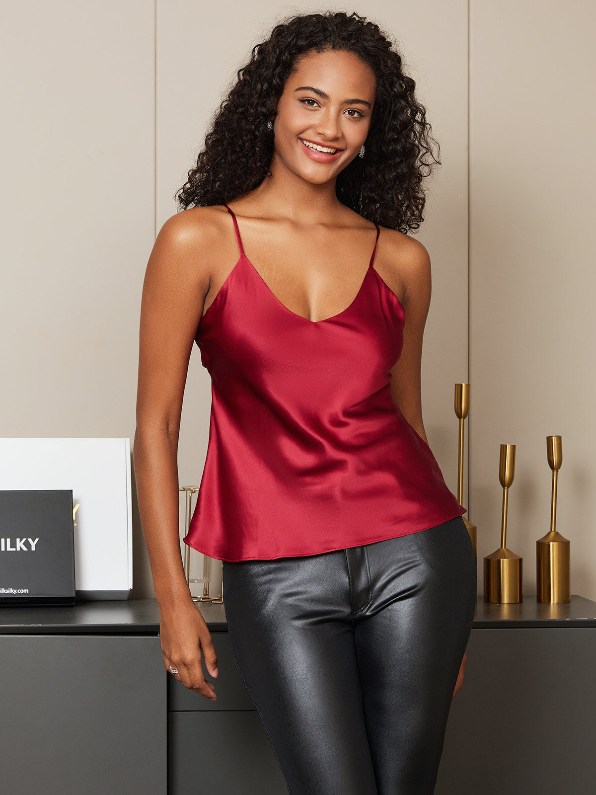 [Mørkerød] SilkSilky-DK Spaghetti Rem V Hals Camisole Top 005