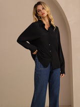 [Sort] SilkSilky-DK Long Sleeve Lapel Collar Dameskjorte 004