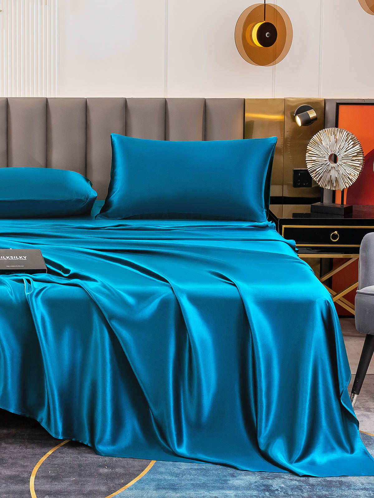 [Blågrøn] SilkSilky-DK 19Momme Bedding Set 004