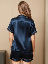 [Mørkeblå] SilkSilky-DK Short Sleeve Lapel Collar Dame Pyjamas 002