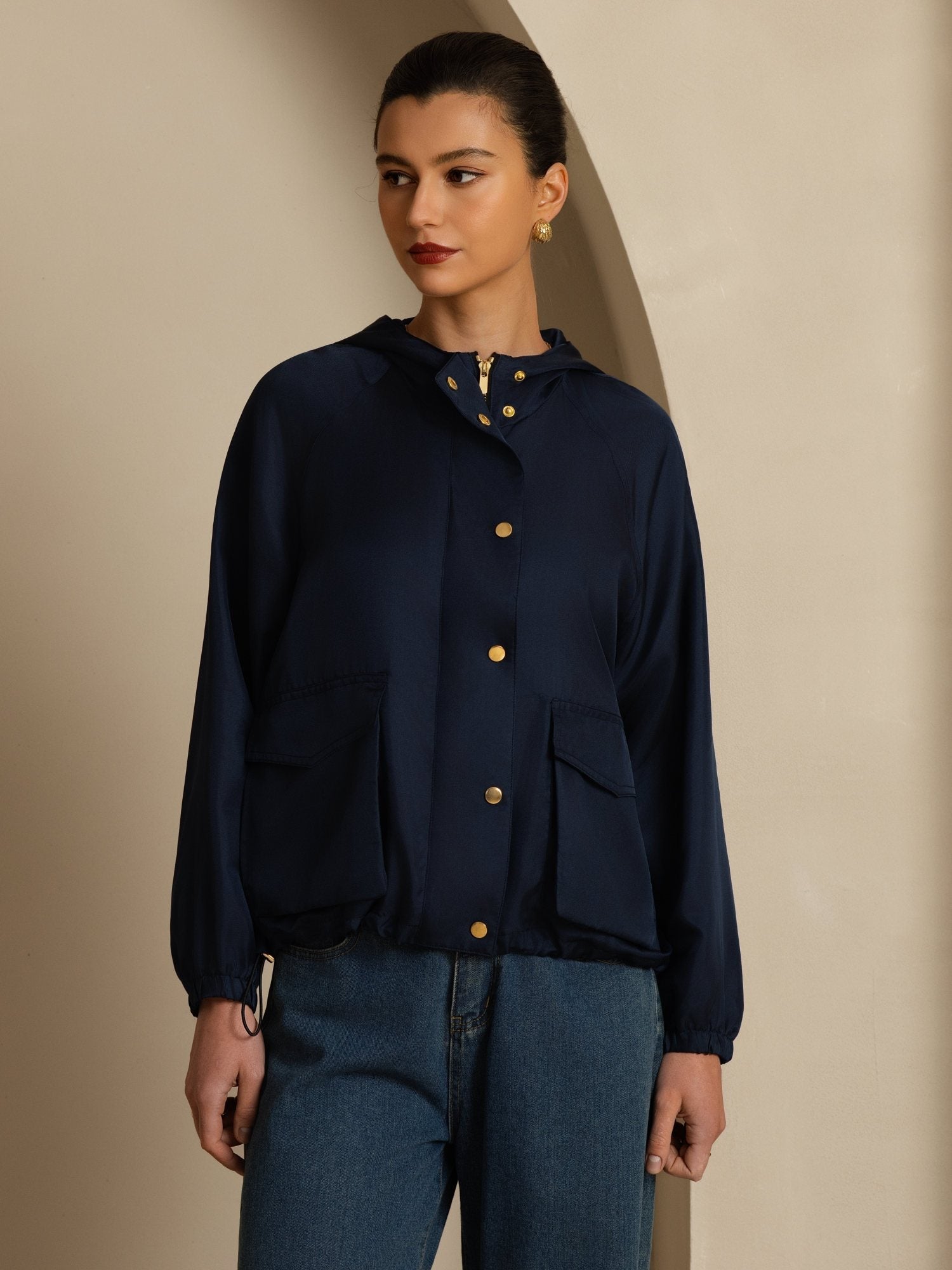 [Mørkeblå] SilkSilky-DK Langærmet Høj Hals Overtøj til Kvinder 003