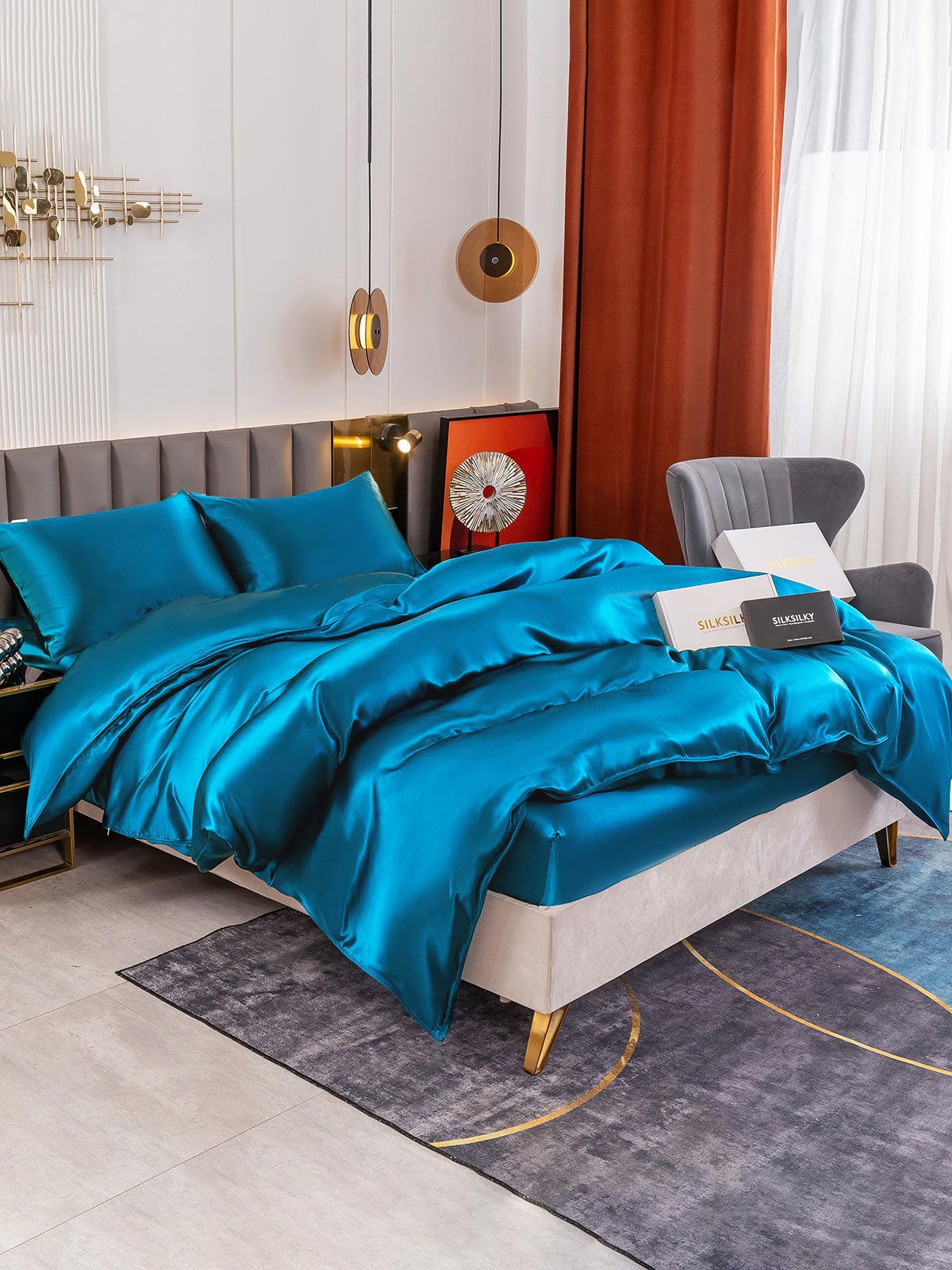 [Blågrøn] SilkSilky-DK 19Momme Bedding Set 001