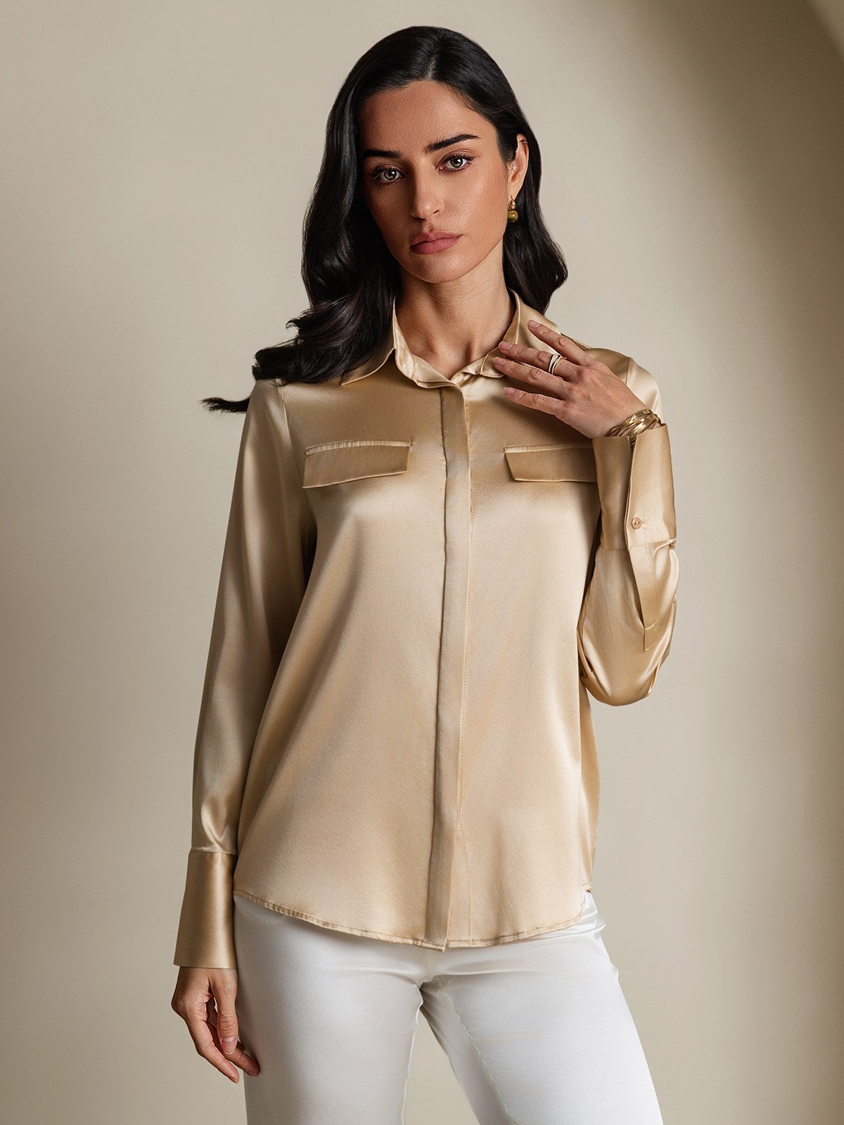 SilkSilky-DK 19Momme Silke Womens Shirt Champagne 004