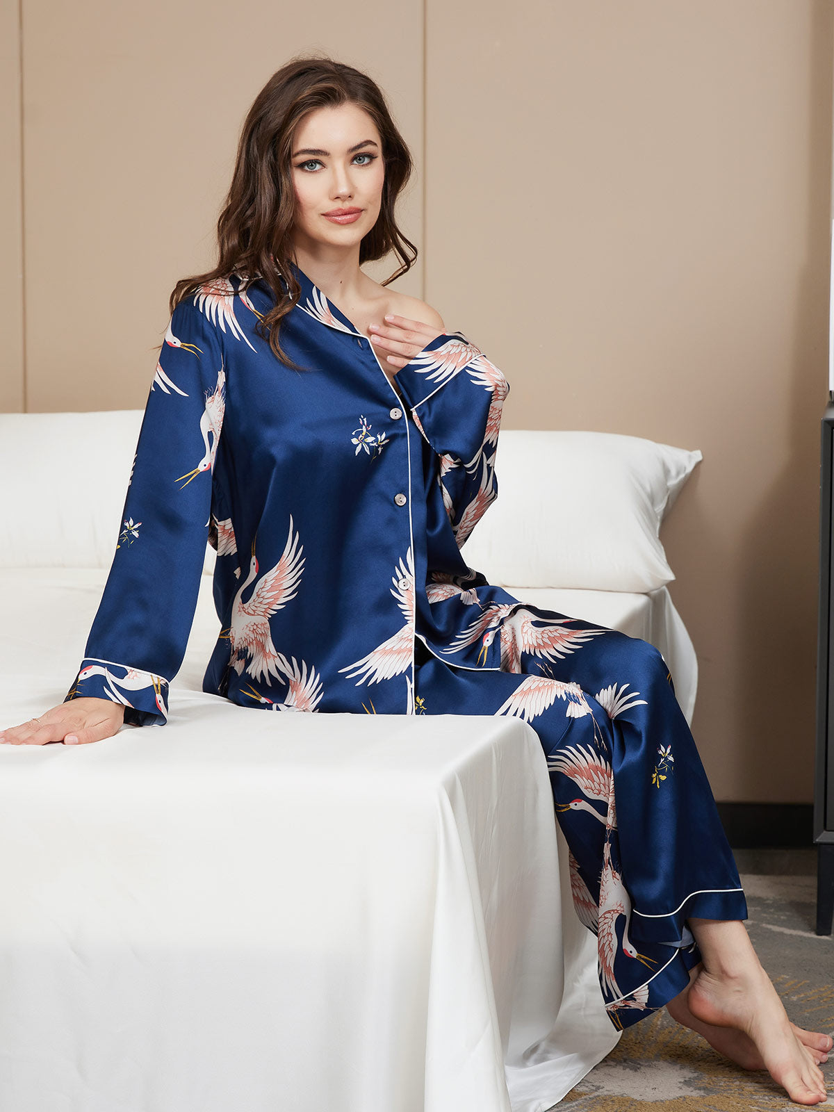 [Mørkeblå] SilkSilky-DK 19Momme Womens Pajamas 006