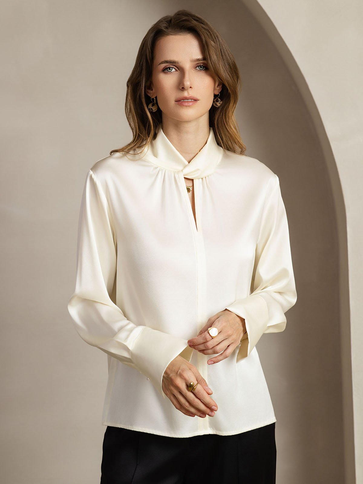 [Elfenben] SilkSilky-DK 19Momme Silke Womens Shirt 004