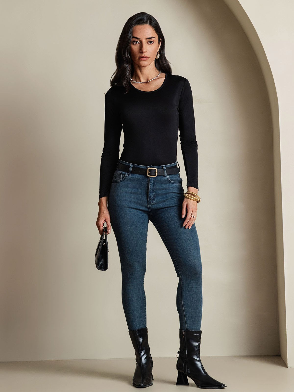 [Sort] SilkSilky-DK Silke Long Sleeve Round Neck T-shirt til kvinder 006