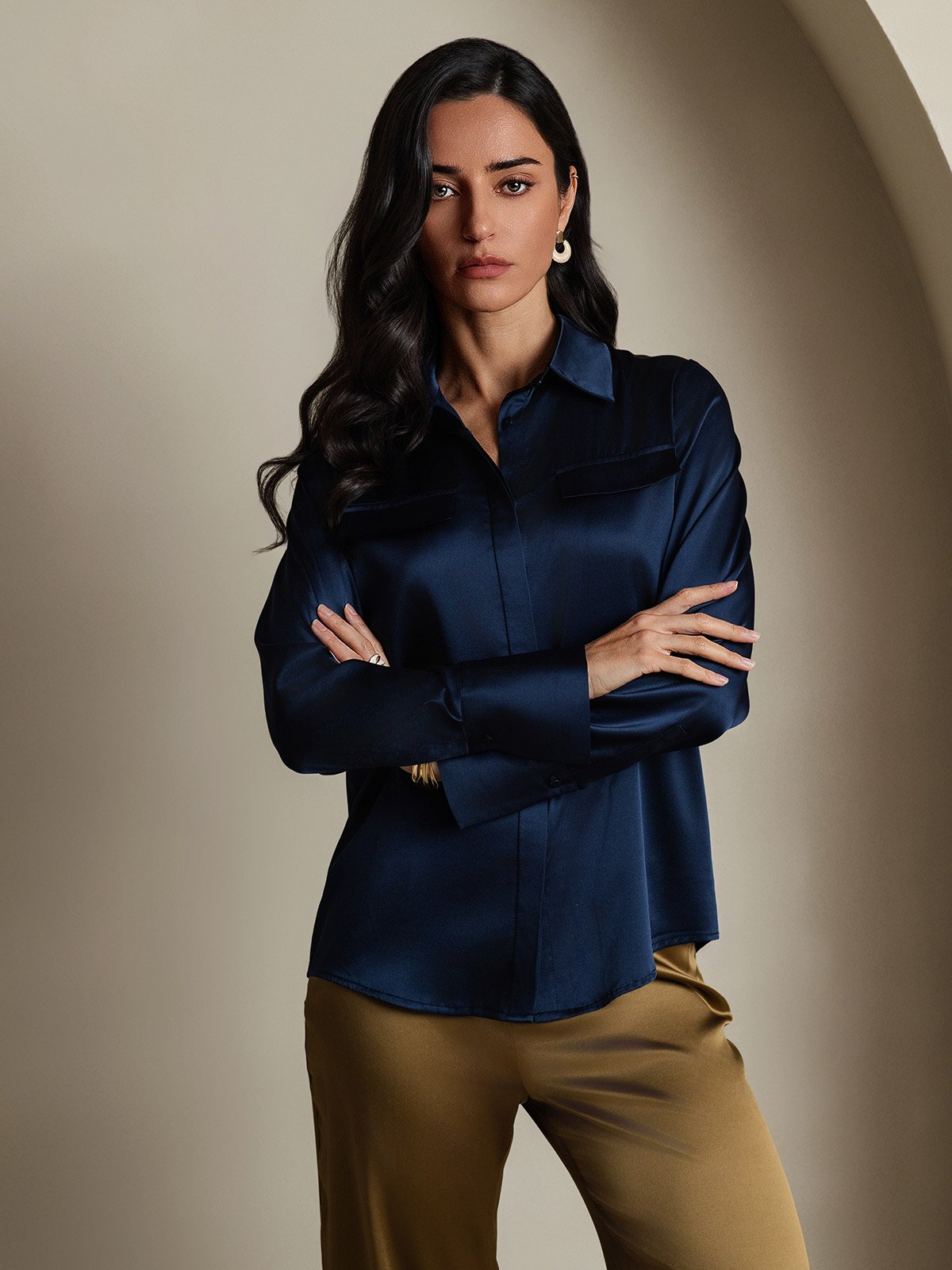 SilkSilky-DK 19Momme Silke Womens Shirt Mørkeblå 005