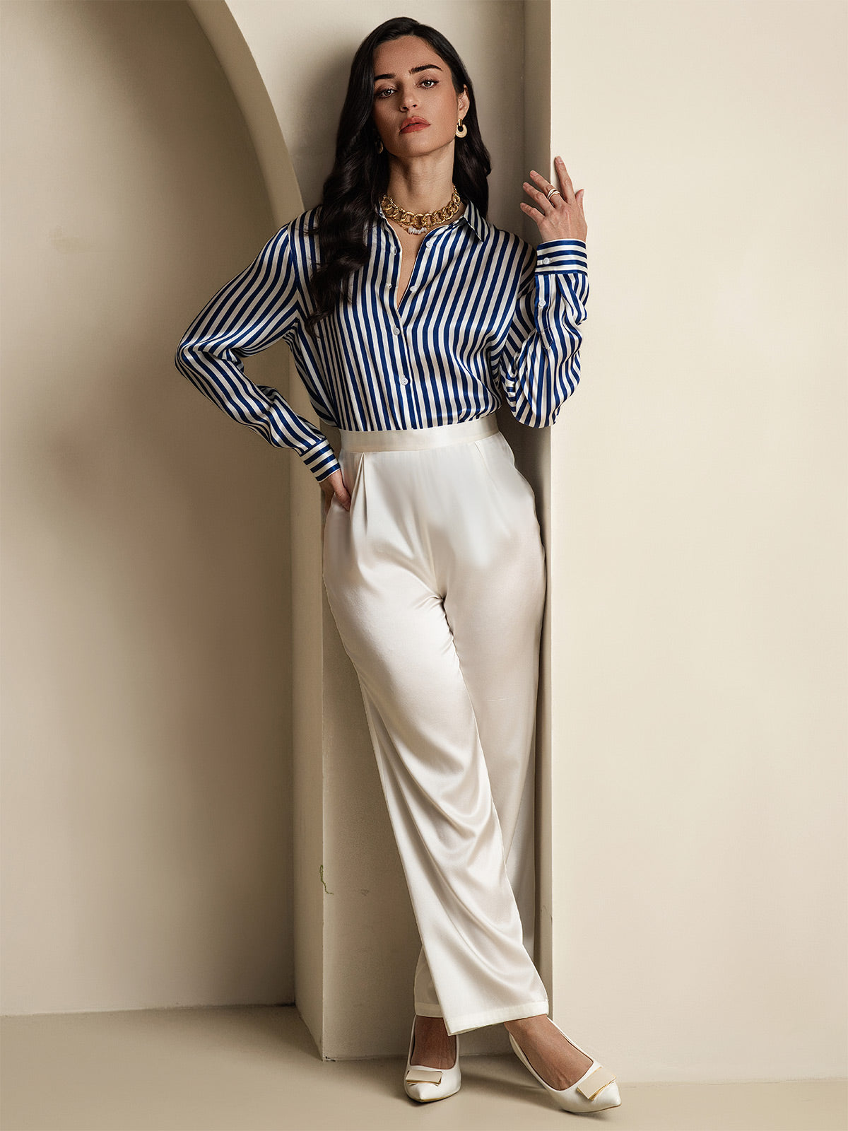 [Blå] SilkSilky-DK Silke Long Sleeve Collar Dameskjorte 008