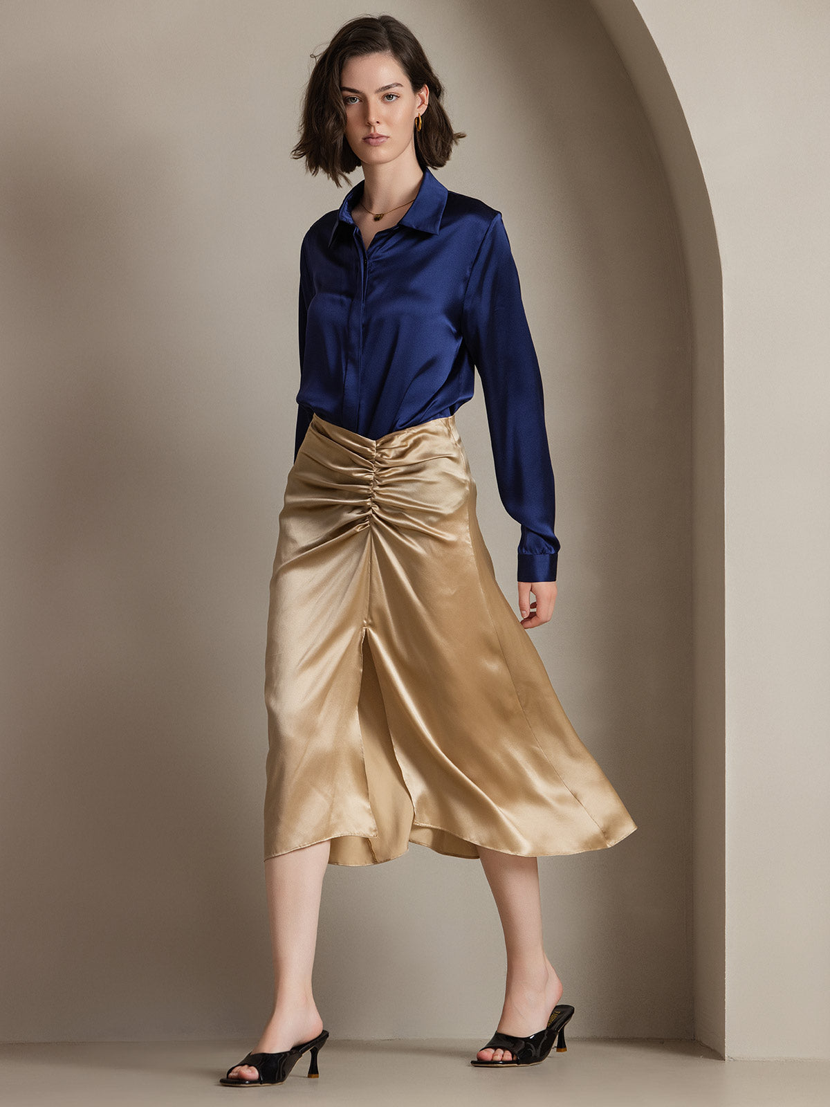 [Mørkeblå] SilkSilky-DK 19Momme Silke Womens Shirt 006