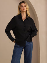 [Sort] SilkSilky-DK Long Sleeve Lapel Collar Dameskjorte 003