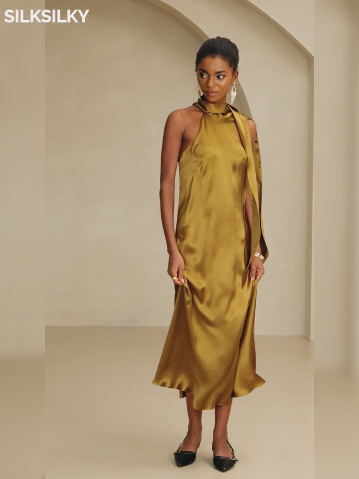 SilkSilky-DK 19Momme Silke Sleeveless Tie Neck Kjole-video-001