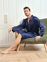 [Mørkeblå] SilkSilky-DK Pure Silk 3/4 Sleeve Mens Robe 006