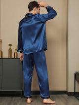 [Mørkeblå] SilkSilky-DK Pure Silk Long Sleeve Revers Pyjamas til Mænd 004