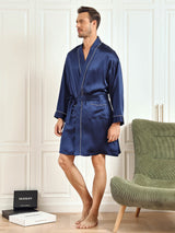 [Mørkeblå] SilkSilky-DK Pure Silk 3/4 Sleeve Mens Robe 003