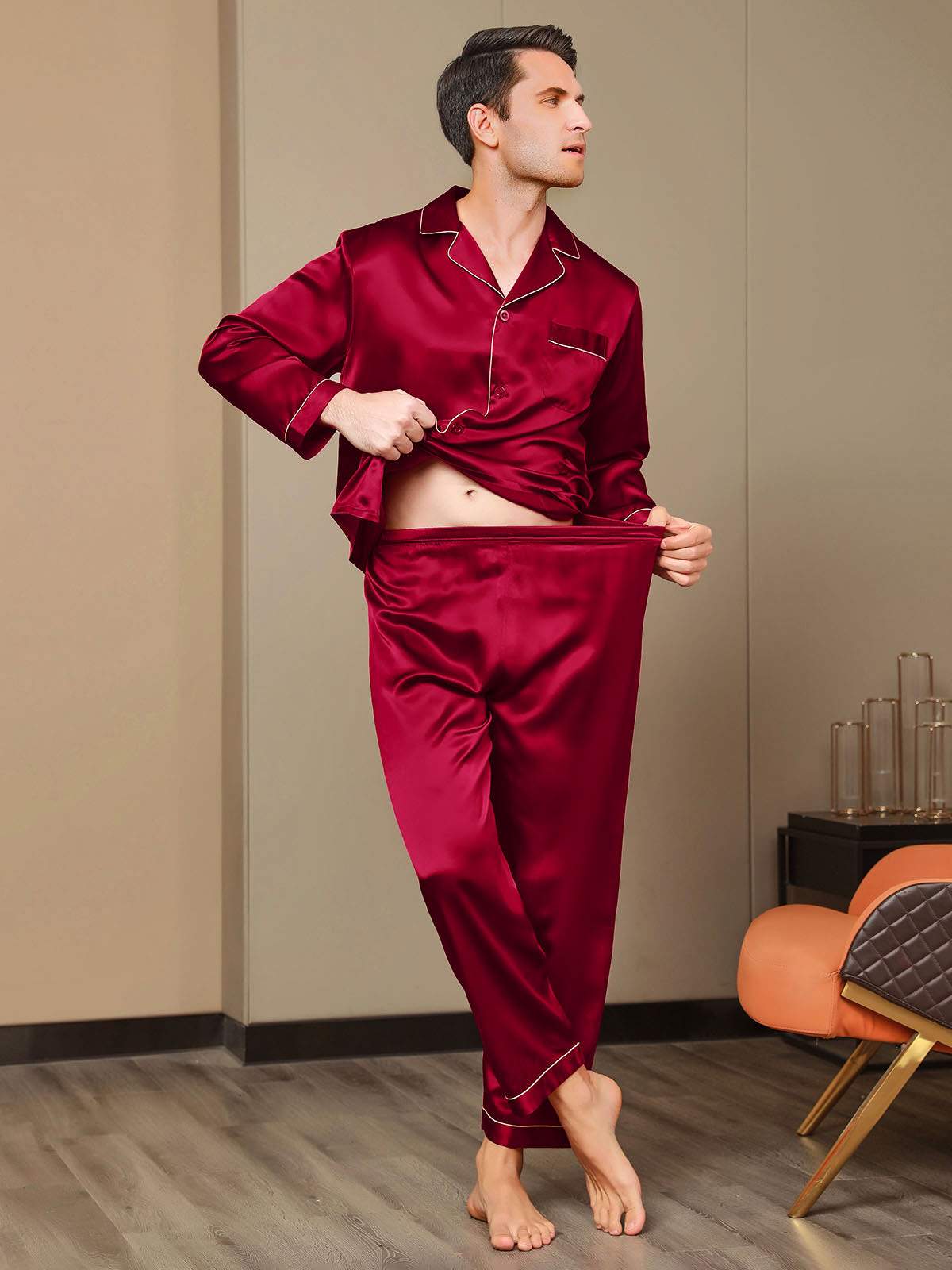 SilkSilky DK Pure Silk Long Sleeve Revers Pyjamas til Mænd Vin 008