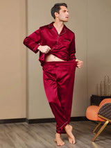 [Vin] SilkSilky-DK Pure Silk Long Sleeve Revers Pyjamas til Mænd 008