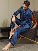[Mørkeblå] SilkSilky-DK Pure Silk Long Sleeve Revers Pyjamas til Mænd 007
