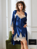 SilkSilky-DK-Pure-Silk-3/4-Sleeve-Nightgown&Robe-Set-Mørkeblå-006