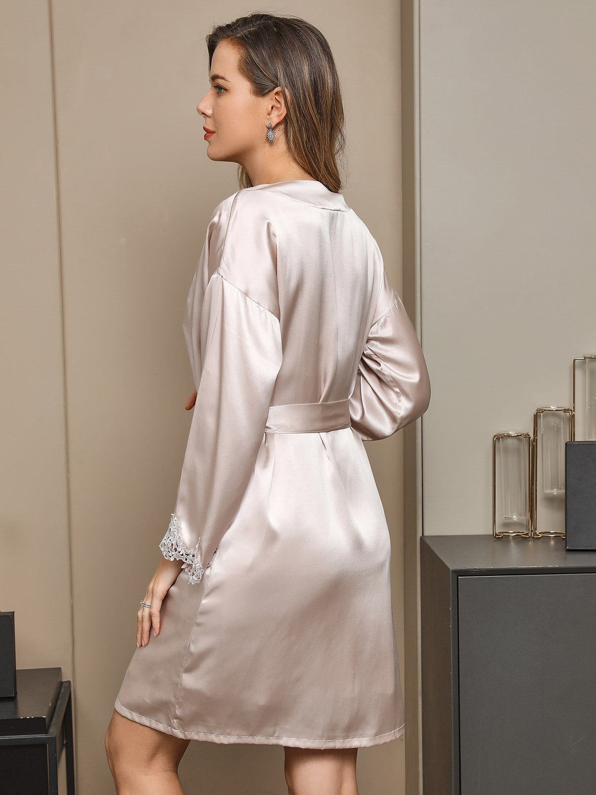 [Beige] SilkSilky-DK Pure Silk Long Sleeve Nightgown&Robe Set 003