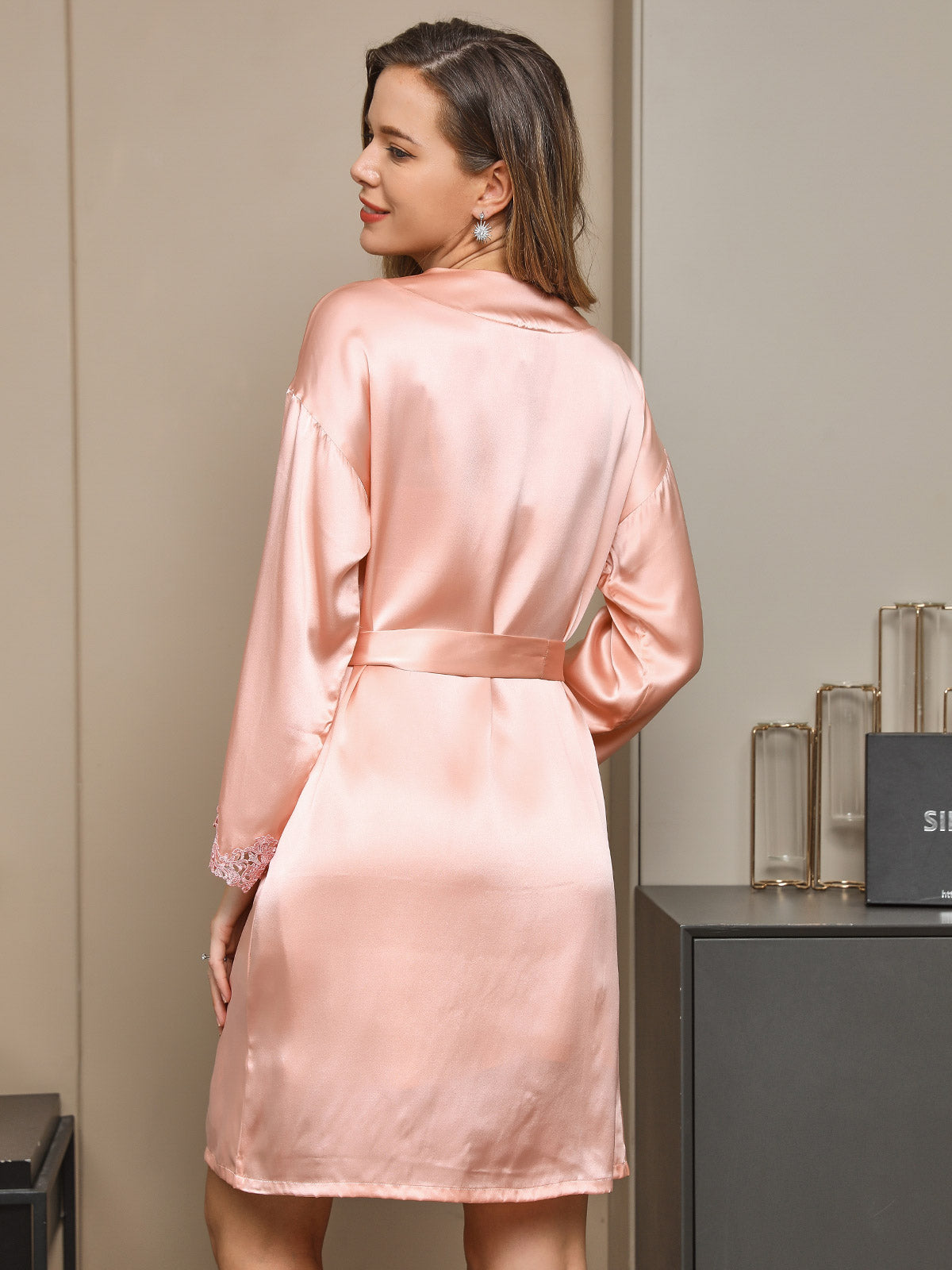 [Lyserød] SilkSilky-DK Pure Silk Long Sleeve Nightgown&Robe Set 002